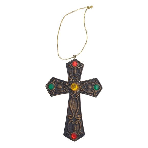 Lot of 3 VTG Antiqued Gold Tone Cross Jeweled Christmas Ornament 3.5" c - Picture 4 of 7